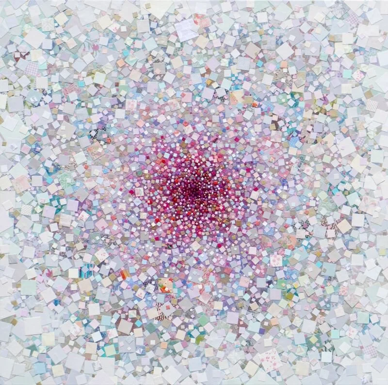 “Songs of Our Ancestors 3,” 2021. 40” x 40”. Acrylic, vintage and donated fabric scraps