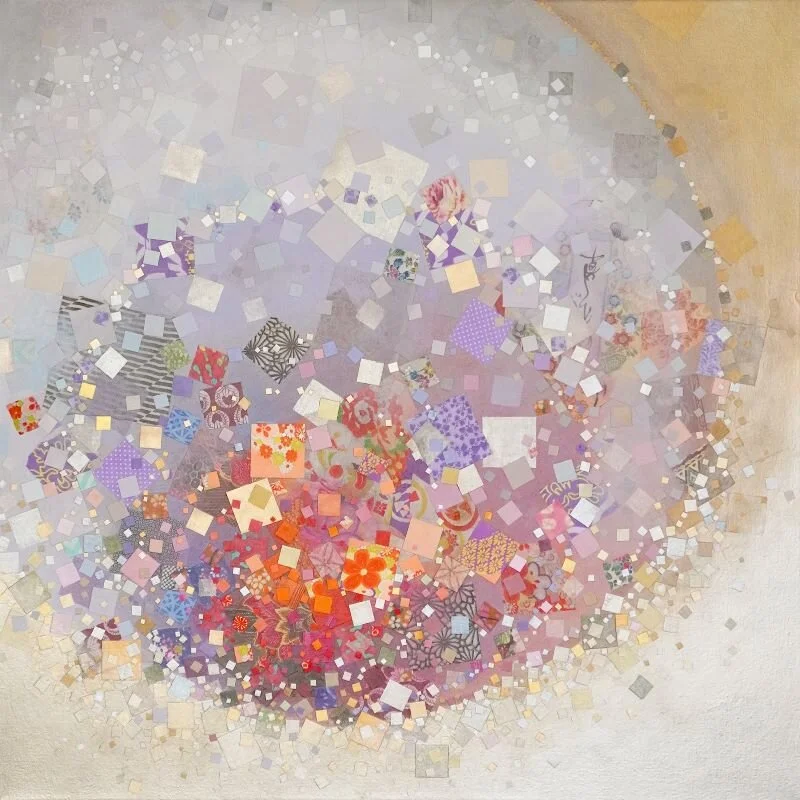 “Songs of Eternity,” 2021. 40” x 40”. Acrylic, vintage and donated fabric scraps