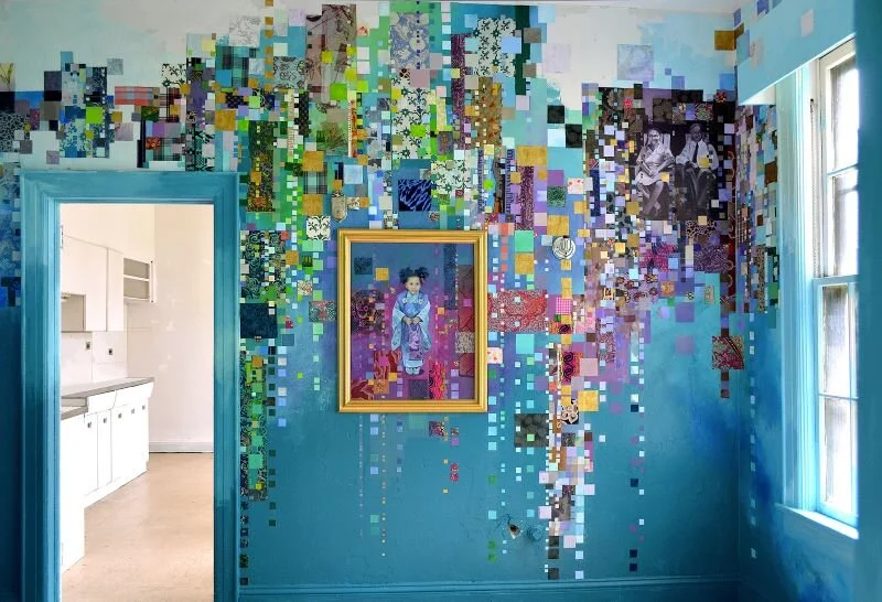 “This Life Given,” 2019. 360-degree mural at Governors Island. Fabric scraps, indoor paint, acrylic paint/medium, wood frames.