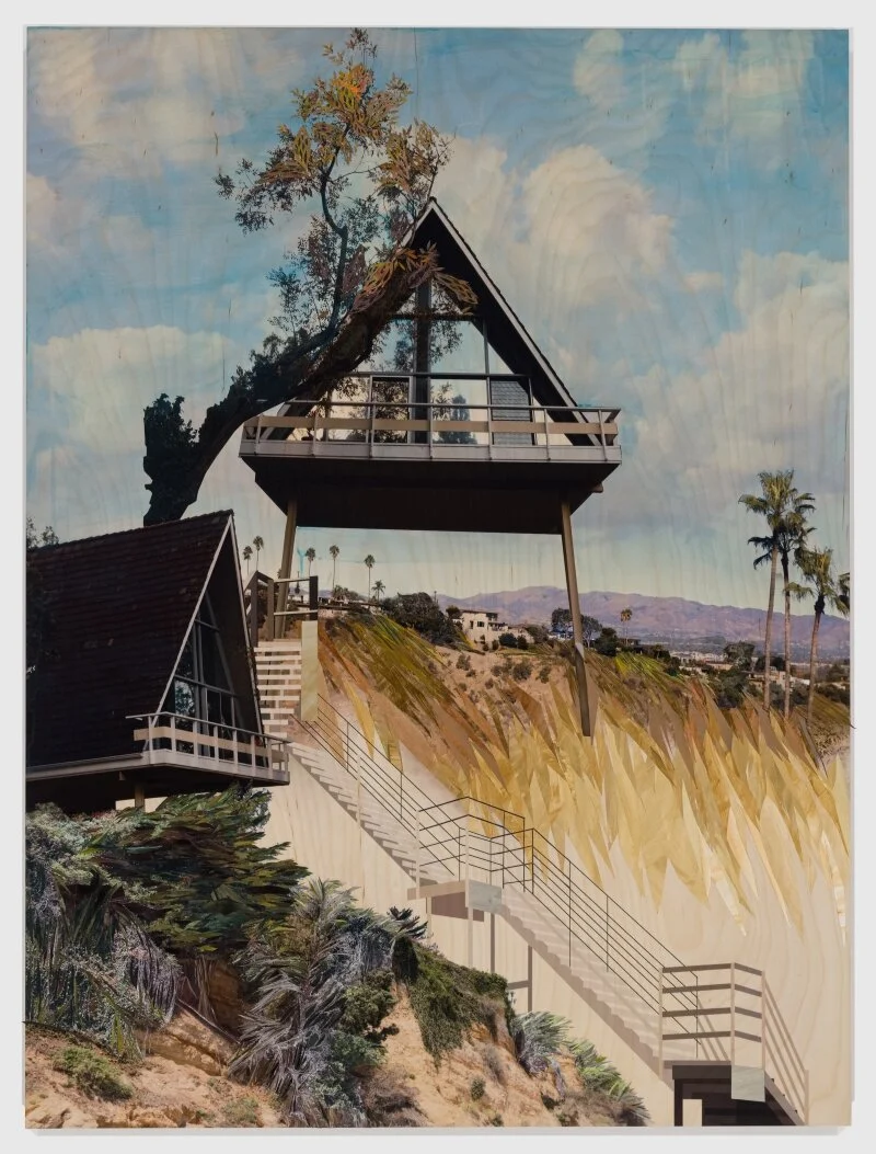 “A-frame House, Climbing,” 2020, archival digital print and gouache painted paper on wood panel, 48 × 36 in, 121.9 × 91.4 cm