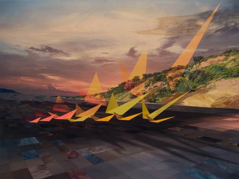 “Birds in Flight,” 2020, archival digital print and gouache painted paper on wood panel, 36 × 48 in, 91.4 × 121.9 cm