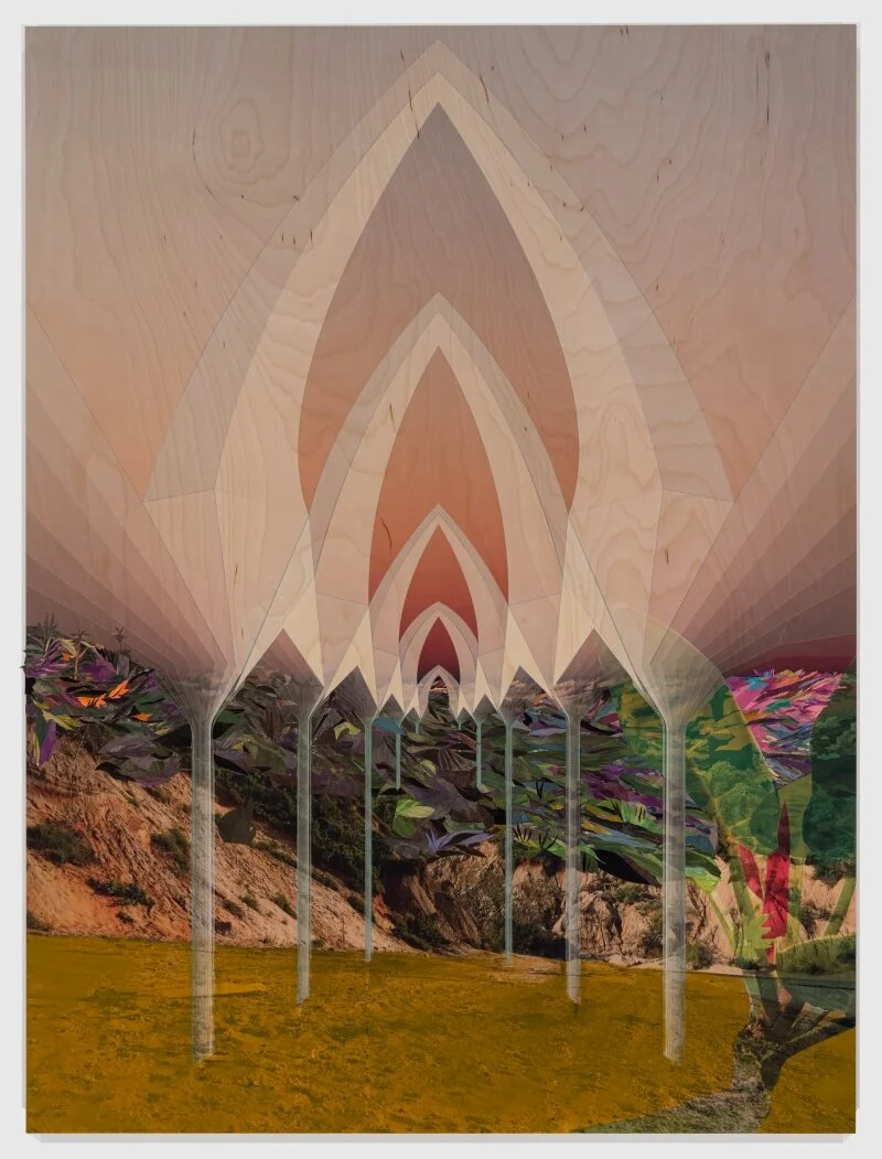 “Cathedral,” 2020, archival digital print and gouache painted paper on wood panel, 48 × 36 in, 121.9 × 91.4 cm