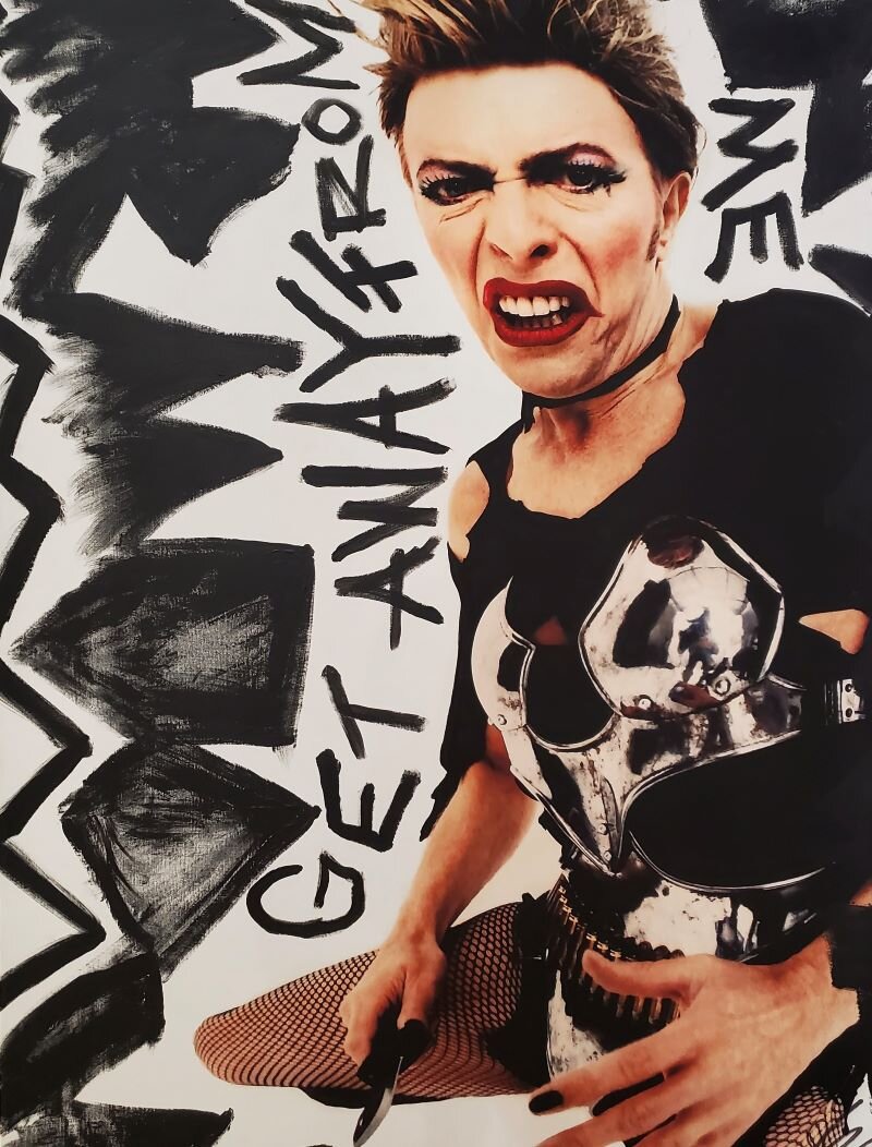 “Get Away From Me,” David Bowie styled as the character Ramona from the album 1. Outside - Paint and words by Jennifer Elster