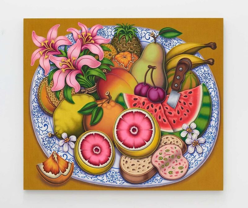 “Decorative Plate with Grapefruit, Lilies and Slice of Bologna,” 2021. Acrylic and textile paint on linen, 36 x 42 inches, 91 x 107 cm.