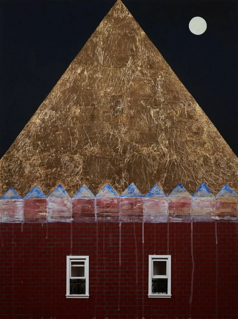 “Gold Roof,” 2019 - 40 x 30 in - Acrylic, gold leaf and plastic on wood panel