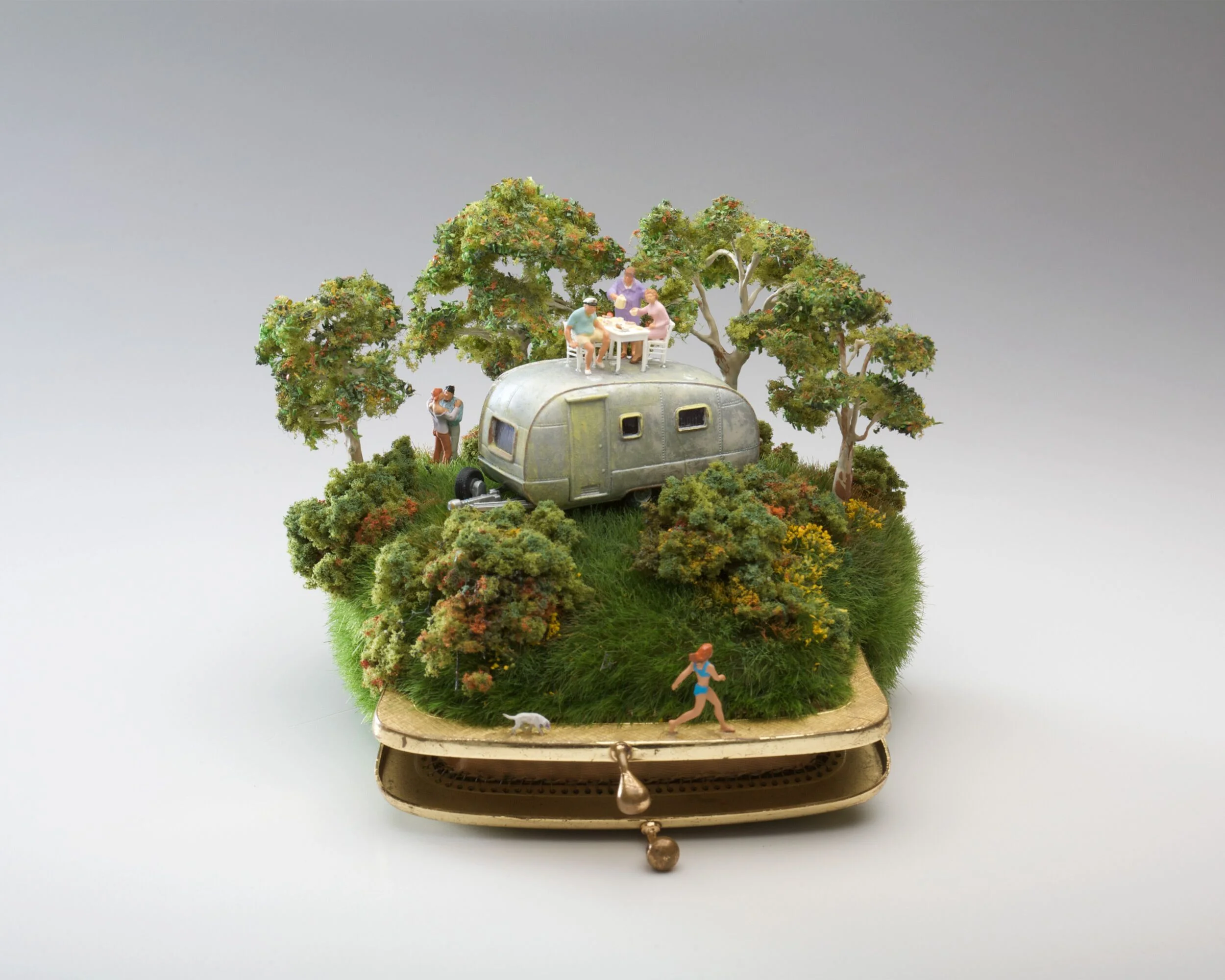 “Breakfast Time, Just in Time,” mixed media assemblage using purse, 11cm x 13cm x 13cm