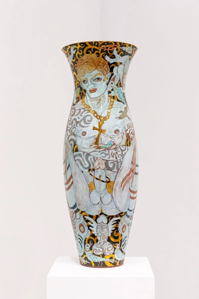 “The Golden Cock Vase,” 2009, Ceramic, faience, and gold, 27 x 9.5 x 9.5 in. (68.6 x 24.1 x 24.1 cm)