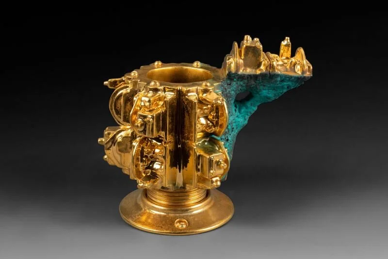 “Euclidean Cup with Drip,” 2020, Gold Luster Glaze, Oil Painted Earthenware - 6 x 6.5 x 4in. (15.2 x 16.5 x10.2cm)