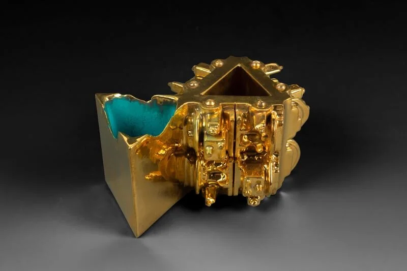 “Euclidean Cup with Triangulation,” 2021, Gold Luster Glaze, Oil Painted Earthenware - 3.5 x 6 x 4in. (8.9 x 15.2 x 10.2cm)