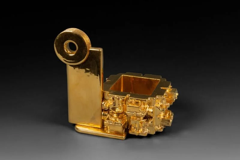 “Euclidean Cup with Vertical Plane,” 2020, Gold Luster Glaze, Oil Painted Earthenware - 5.5 x 6 x 5in. (14 x 15.2 x 12.7cm)