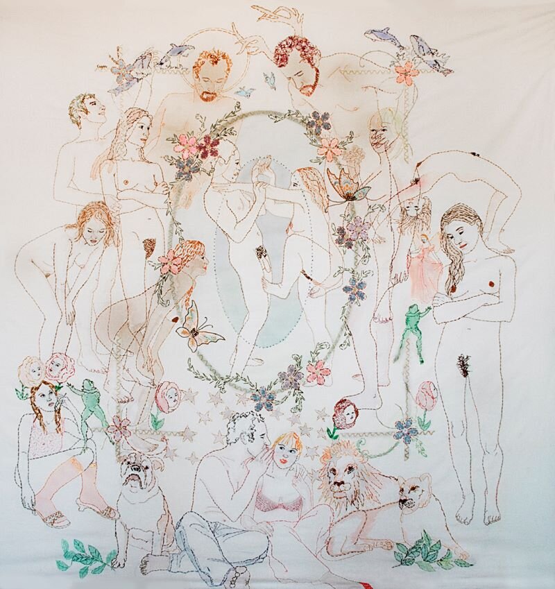 “Nature’s Secret,” hand-stitched embroidery and paint on vintage linen - 80in x 83in