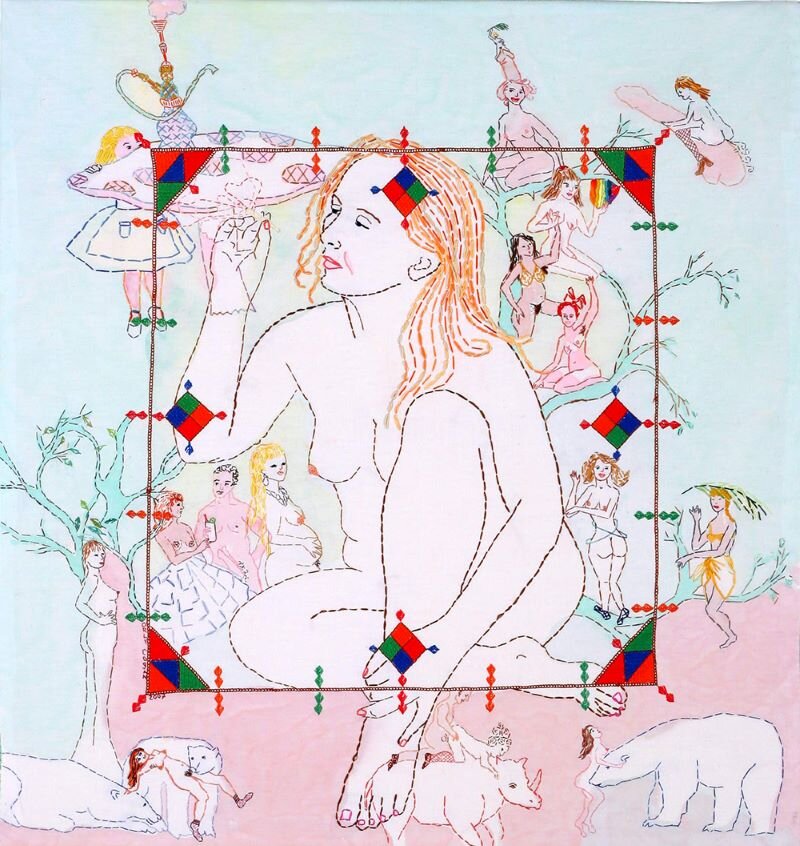 “Alice in Blunderland,” hand-stitched embroidery and paint on vintage linen, 37in x 32in