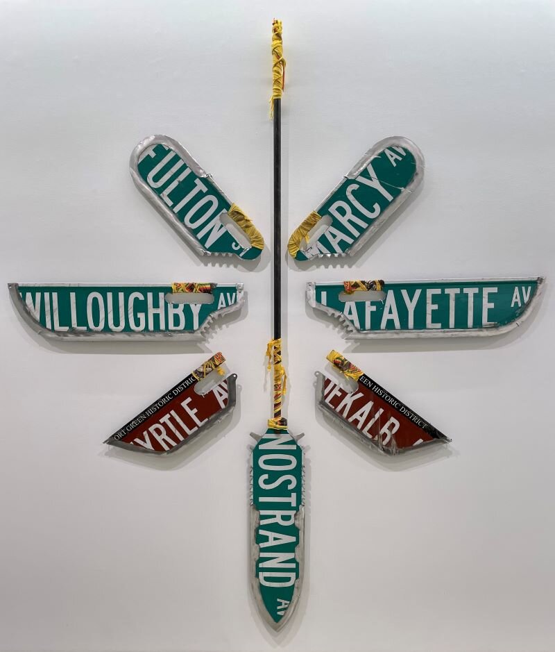 “The Legend Of Ajax Jackson And The Talented Tenth”, 2021 Repurposed DOT street signs, Bad Brains t-shirts, steel, Bulletproof ballistic grade Kevlar, resin, cloth 95 x 100in. (241.3 x 254cm)