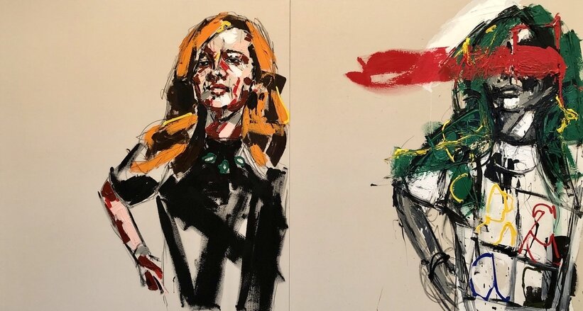 “A Paradox Walks Into a Bar...” - 2020 - acrylic and charcoal on canvas, 50x92 inches (Diptych)