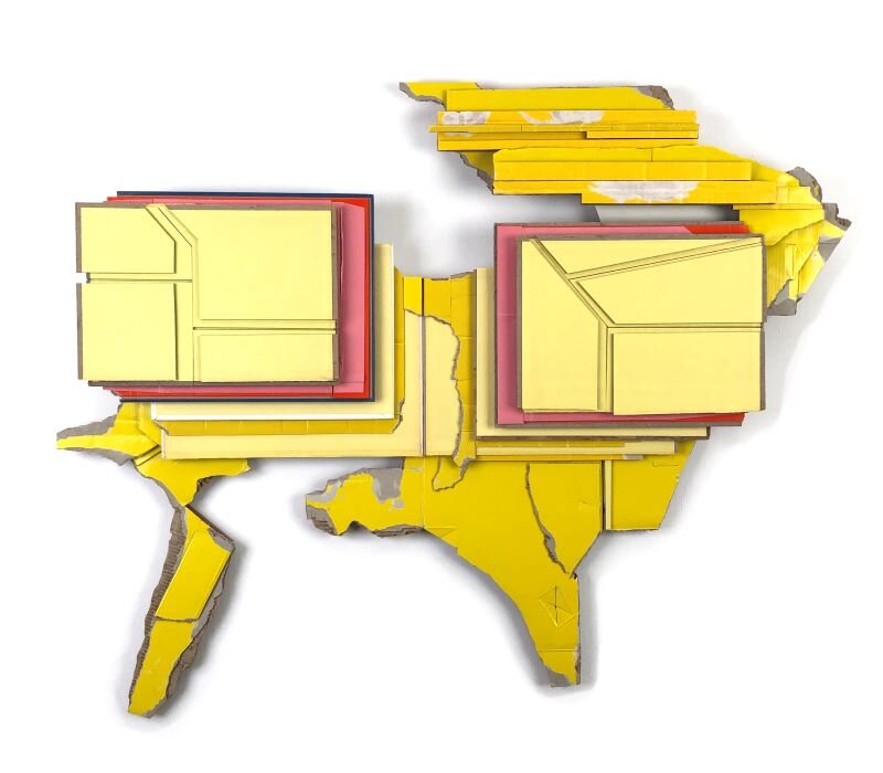 “En route”, 2019. Found (unpainted) cardboard, cut book covers, foamcore 26.5 x 34 x 2.5in. (67.3 x 86.4 x 6.4cm)