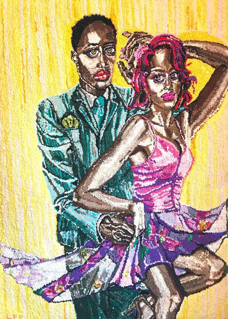 "Salsa Cures Sadness," 2002 - Mixed Media Fiber Art: Discarded clothing, 60in x 42in