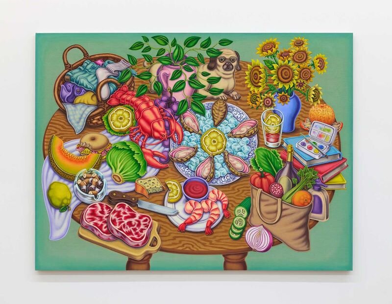 “Table with Oysters, Lobster, Laundry, Shrimp, Dog and Steaks,” 2021. Acrylic and textile paint on linen, 54 x 72 inches, 137 x 183 cm.
