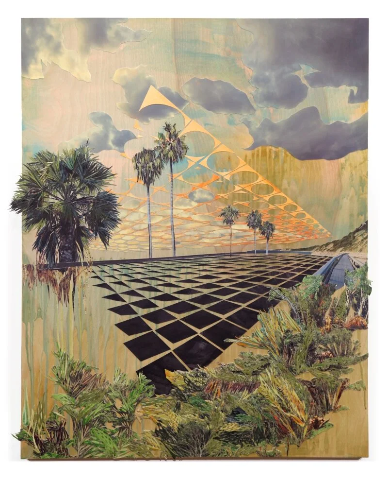 “The 405,” 2020, gouache and mixed media collage on wood panel, 30 × 24 in, 76.2 × 61 cm
