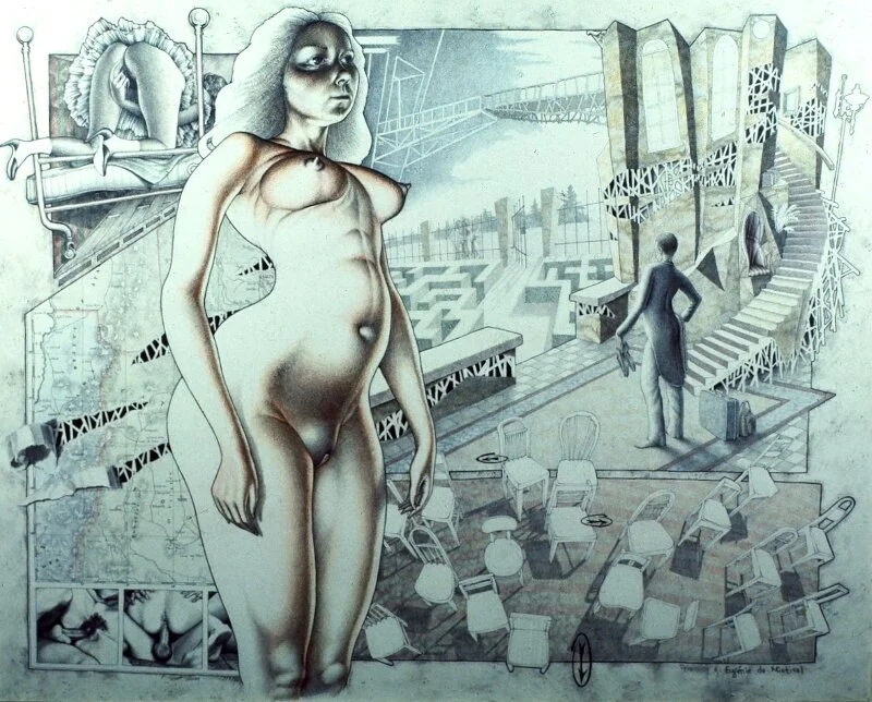 “The Perversion of Eugenie de Mistival,” 1977, pencil and colored pencil on paper, 23 x 29 inches (early erotic work)