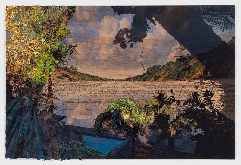 “Town and Country,” 2020, archival digital print and gouache painted paper on wood panel, 48 × 72 in, 121.9 × 182.9 cm