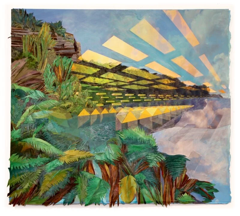 “Town of the Future #1,” 2020, gouache paper and archival inkjet print, 24 × 26 1/4 in, 61 × 66.7 cm