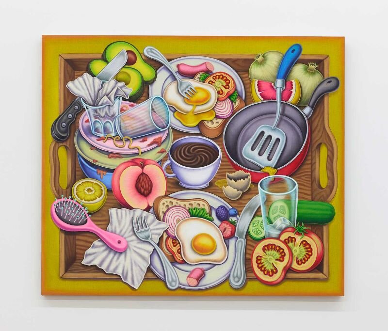 “Tray with Breakfast, Dirty Dishes and Hair Brush,” 2021. Acrylic and textile paint on linen, 36 x 42 inches, 91 x 107 cm.