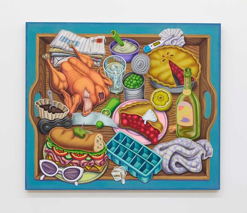 “Tray with Rotisserie Chicken, Pie and Sandwich,” 2021. Acrylic and textile paint on linen, 36 x 42 inches, 91 x 107 cm.