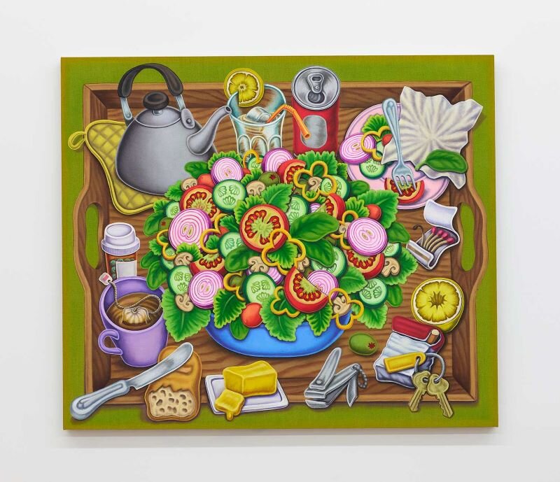 “Tray with Salad, Tea and Cigarettes,” 2021. Acrylic and textile paint on linen, 36 x 42 inches, 91 x 107 cm.