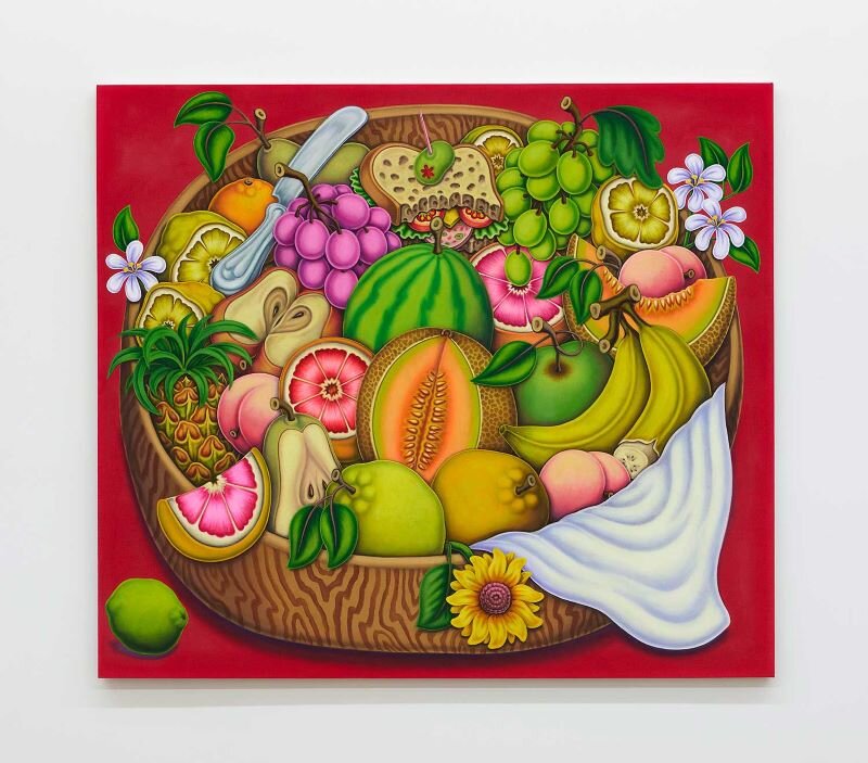 “Wood Bowl with Bologna Sandwich, Sunflower and Fruit,” 2021. Acrylic and textile paint on linen, 50 x 57 inches, 127 x 145 cm.