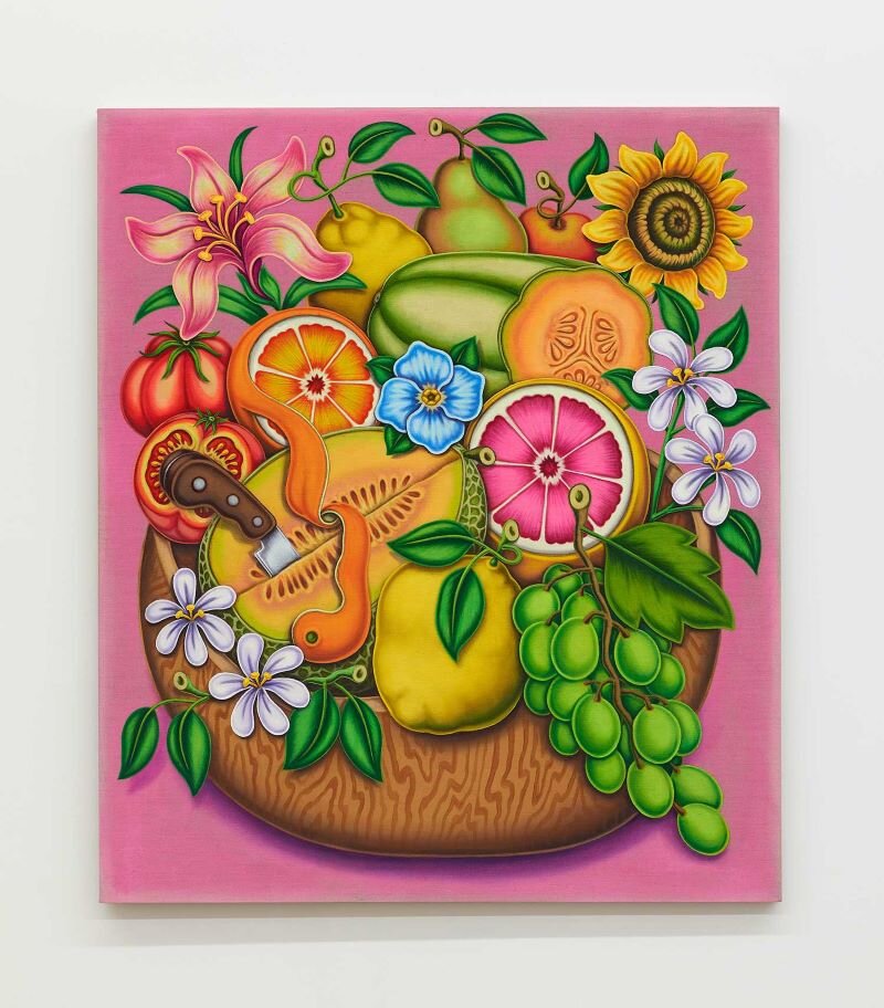 “Wood Bowl with Cantaloupe, Knife, Grapes and Flowers,” 2021. Acrylic and textile paint on linen, 42 x 36 inches, 107 x 91 cm.