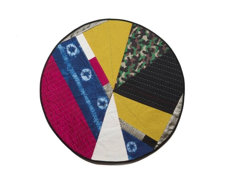 “XY Shield,” 2019 - 42 x 42 in - Indigo dyed cotton, upholstery fabric, cotton and silk