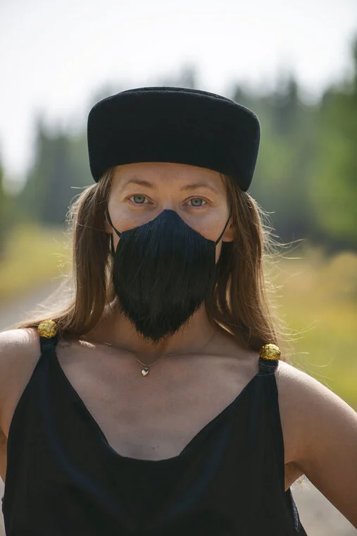 Carissa wearing one of her recent horsehair masks - photo by Julya Hajnoczky