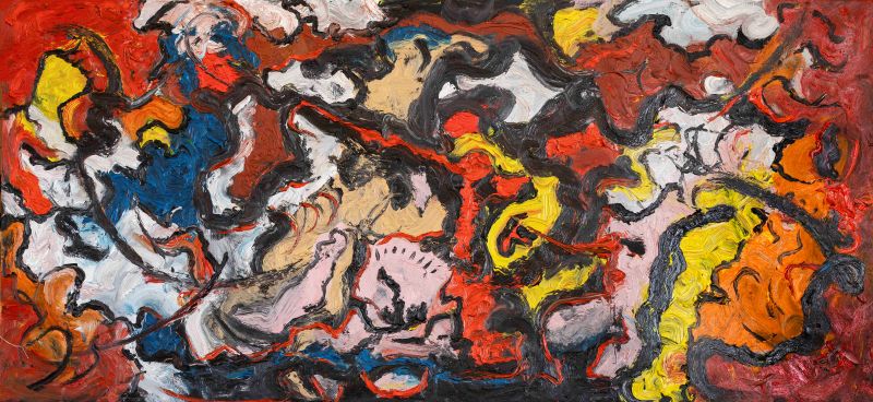 Painting by Gordon Massman - Apollo and Aphrodite Naked and High, 2024, oil on canvas, 6x10 feet