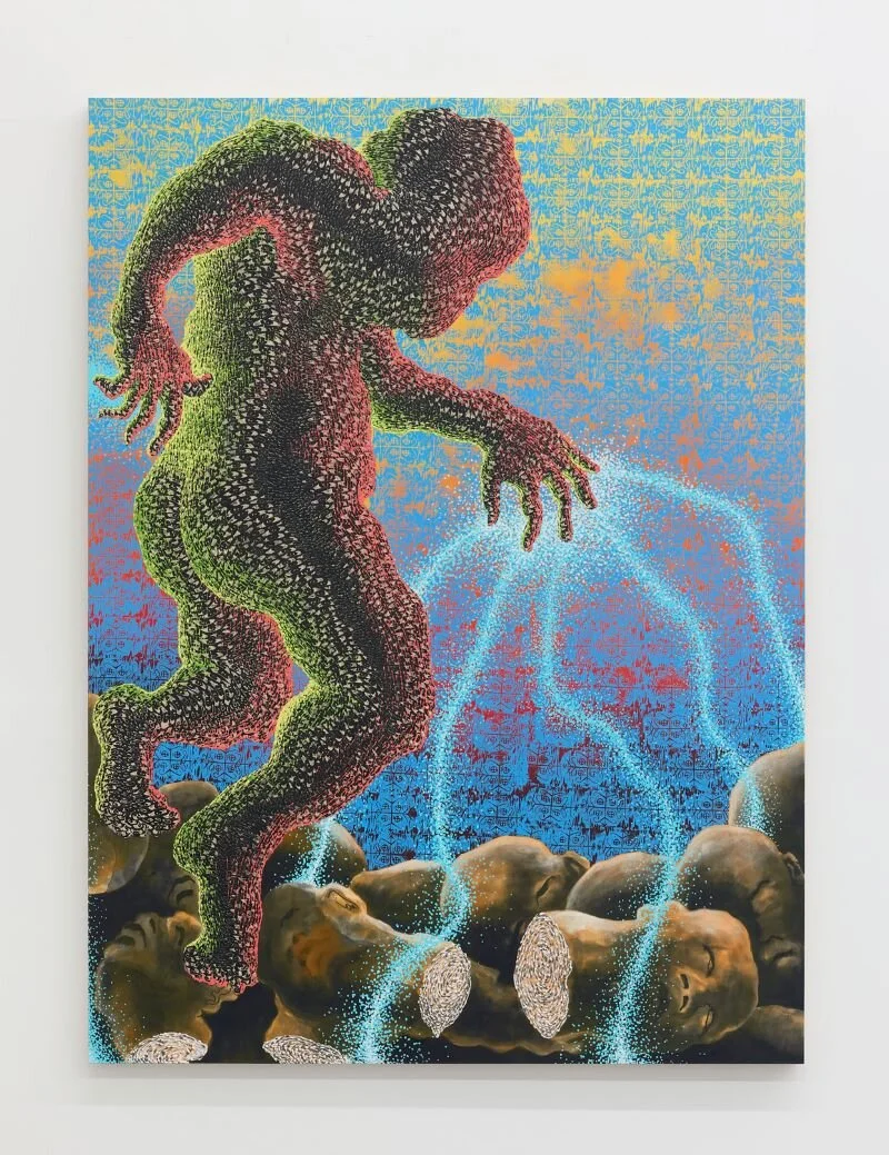 Didier William, “Koupe tet, Boule Kay,” 2021, Acrylic, oil, ink, wood carving on canvas, 70 x 52 inches, 178 x 132 cm