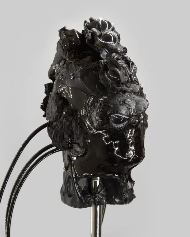 Terrance James, “Protogenesis”, 2019-2020. PVA Glue, Expanded Polystrene (EPS) Head, PU and PVS tubing, steel, Sumi ink, dye, acrylic, Head: 15 x 9 x 7 inches, 38 x 23 x 18 cm, Steel base: 24 x 3.5 x 3.5 inches, 61 x 9 x 9 cm