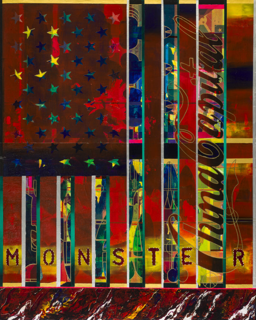 Galerie Sator Pu Yingwei Flag Red Hollywood 2025 2026 huile sur toile acrylique collage de papier aquarelle marqueur a peinture 100 x 80 cm