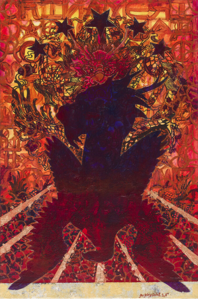 Galerie Sator Pu Yingwei New FrankensteinRedEvolution 2025 2026 Huile sur toile acrylique aquarelle papier de riz serigraphie feuille dor marqueur a peinture 60 x 40 cm
